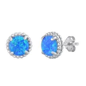 Blue Opal Prong Set Round Stud Earrings